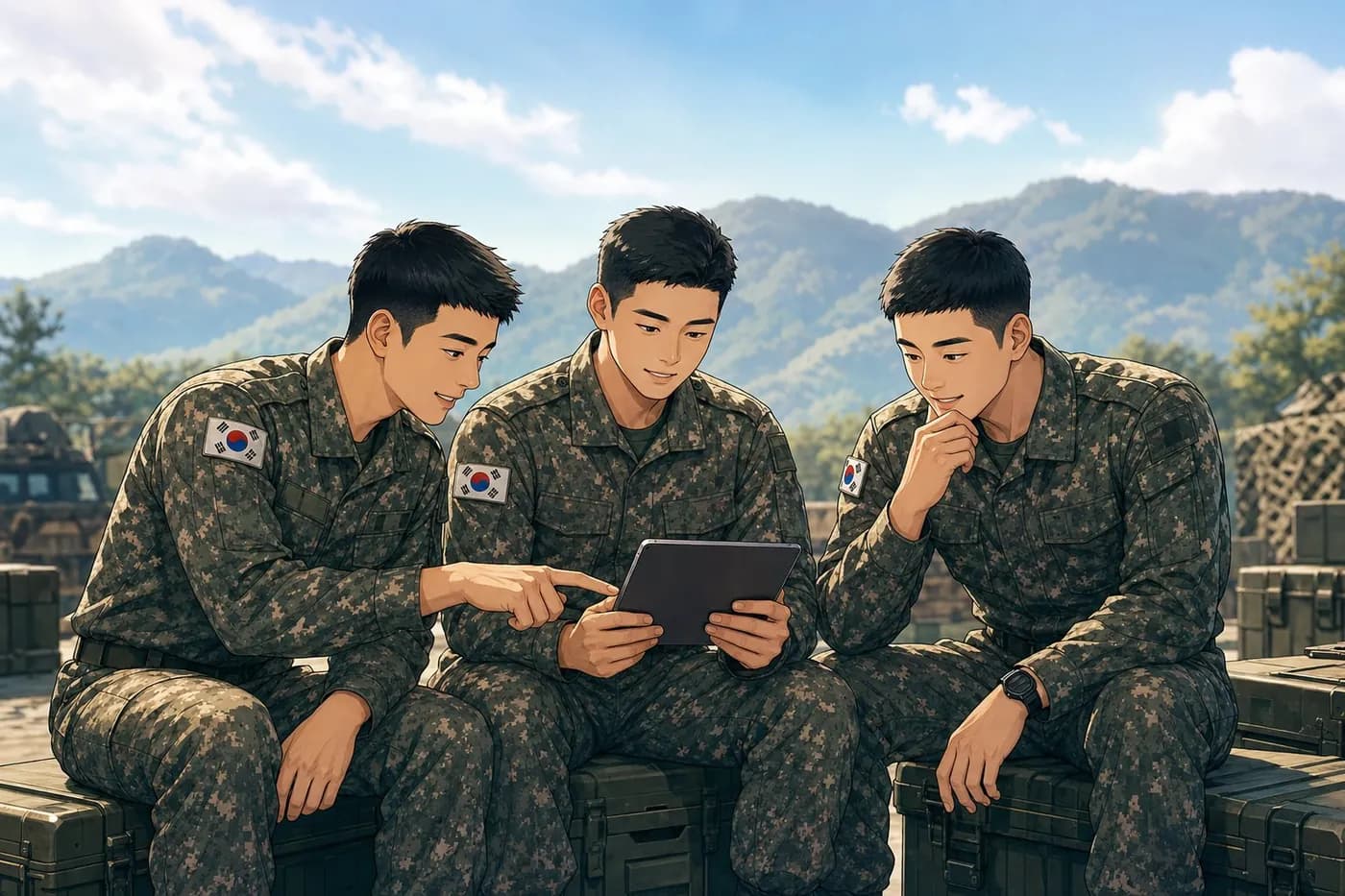 전우들과 함께 태블릿으로 검사에 응답하는 모습